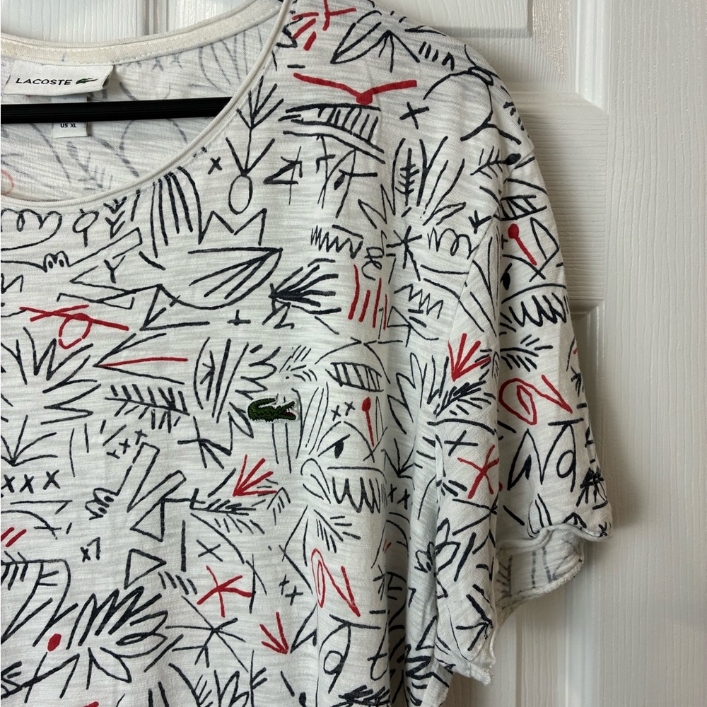 [xl] Lacoste Graphic Print T-Shirt White Cotton XL Logo Tee Egyptian